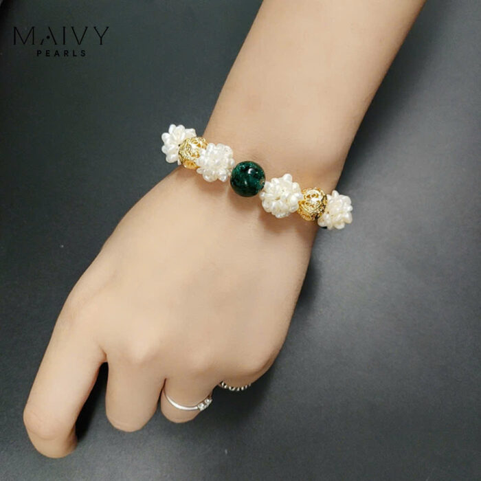 Lắc tay ngọc trai trắng và phỉ thuý Lục Bảo 2-3mm Phụ kiện bạc 925 mạ vàng 18k- MV036-BRCT