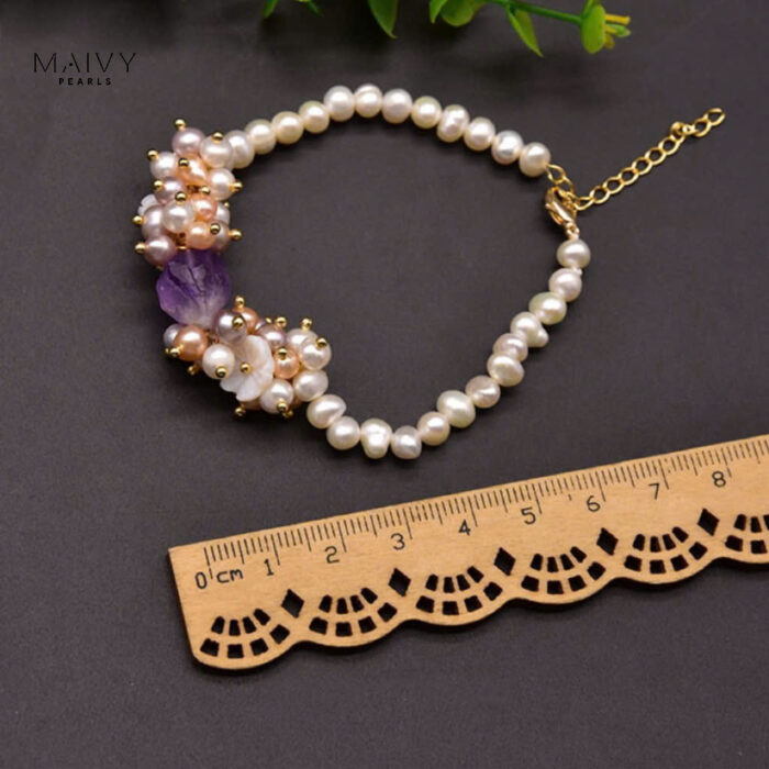 Lắc tay ngọc trai trắng và thạch anh tím Hoa Ngọc 4-5mm Phụ kiện bạc 925 mạ vàng 18k- MV038-BRCT