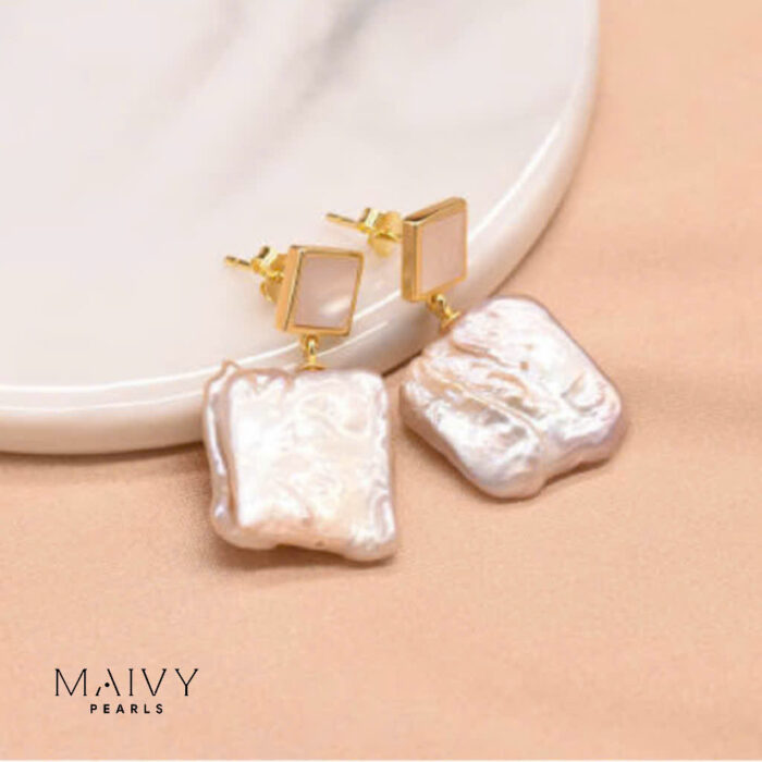 Hoa tai ngọc trai trắng Mộc Ẩn 8-10mm Phụ kiện bạc 925 mạ vàng 18k-MV045-EARRING