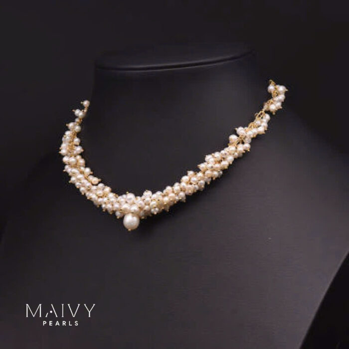 "Dây chuyền ngọc trai trắng Tinh Khôi 2-3mm và nhấn 6-7mm Phụ kiện bạc 925 mạ vàng 18k-MV046